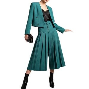 Vtg 70s 80s teal cropped boxy jacket pleated wide leg culotte 2 piece suit 7/8